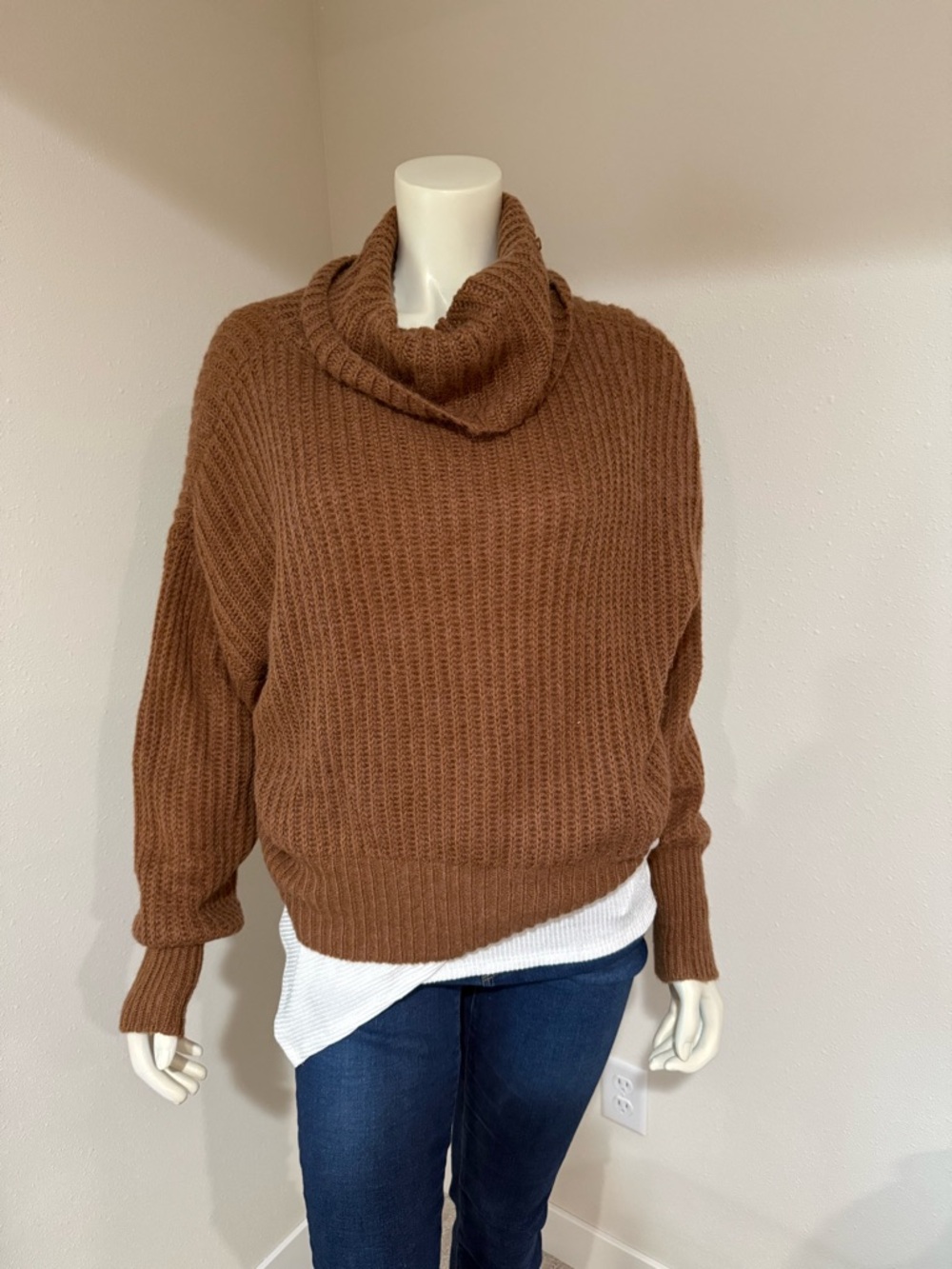 Elan Brown Ribbed Cowl Neck Sweater
